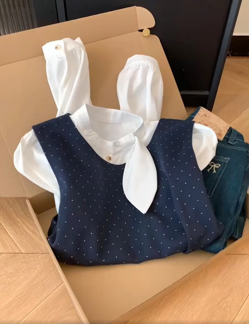 【现货】2025复古波点背心马甲女春秋冬送腰带叠穿外搭坎肩无袖马夹