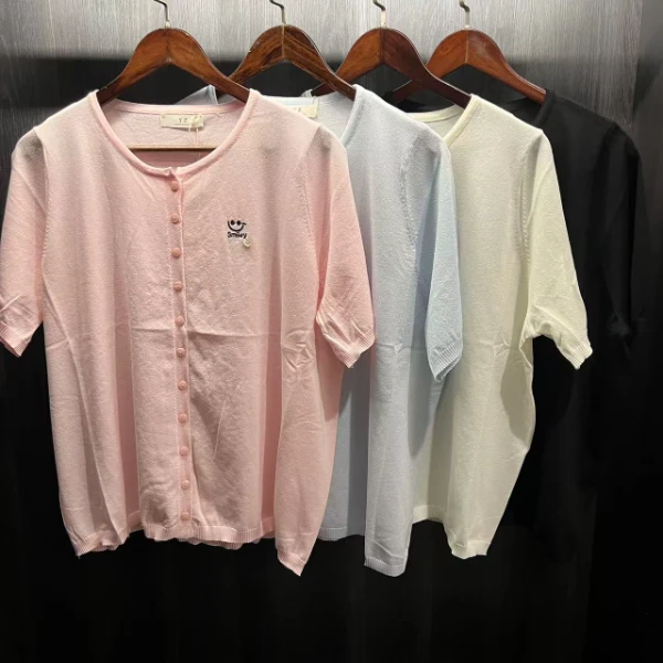 胖向向夏装新款（200斤以内穿）2713简约大方胸刺绣笑脸针织衫短袖