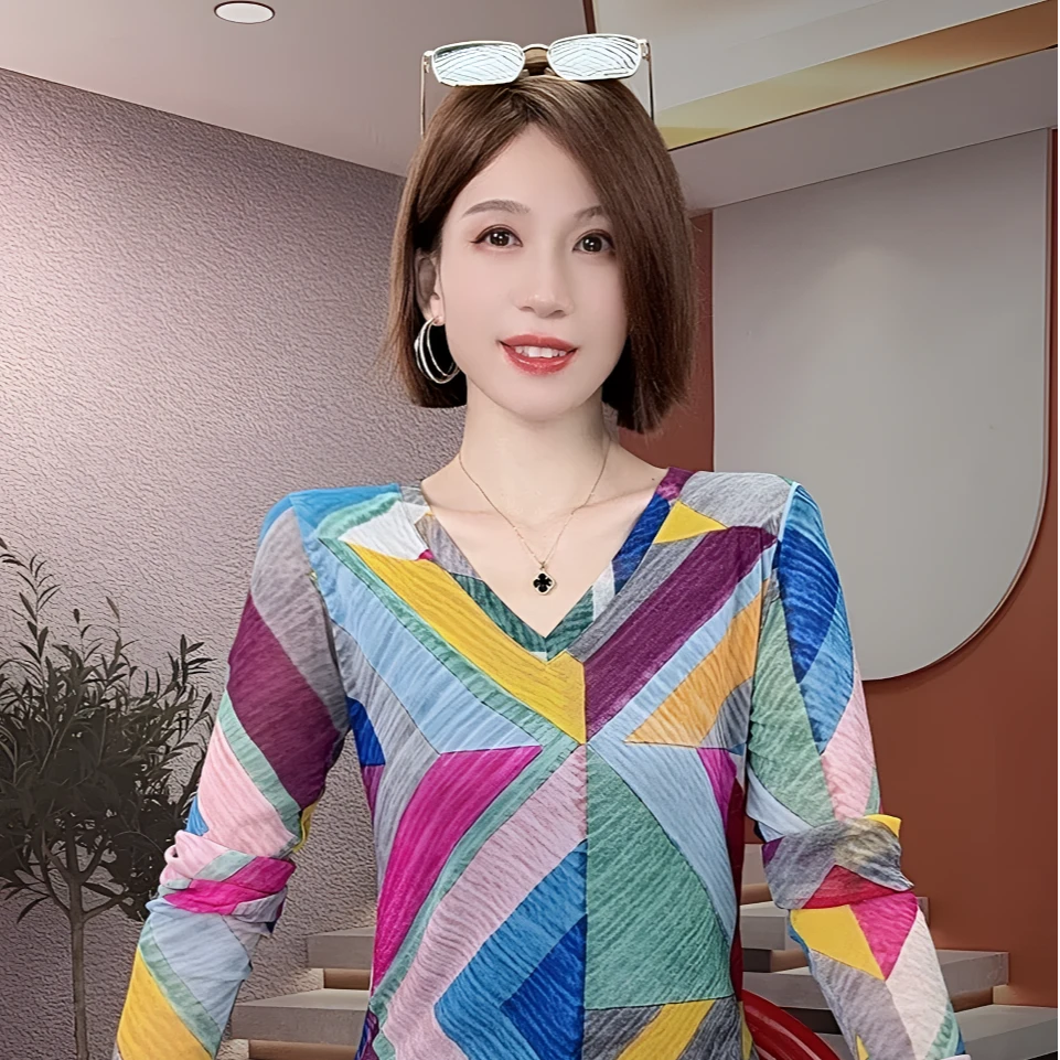 【不定位花】V领t恤女2025春秋季小众别致独特网纱上衣漂亮收腰小衫