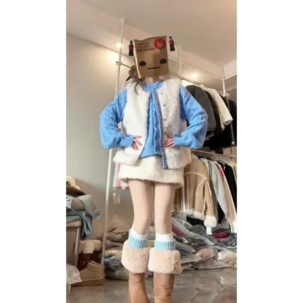 韩系甜美毛毛马甲外套女秋冬季穿搭一整套蓝色内搭毛衣裙子套装女