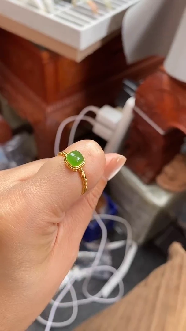 银S925镶嵌戒指和田玉（碧玉）和田玉碧玉戒指S925银镶