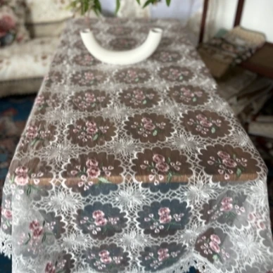 ZN040-177丝光线【180*220】白底粉桃花高织高密玻璃砂水溶边桌布