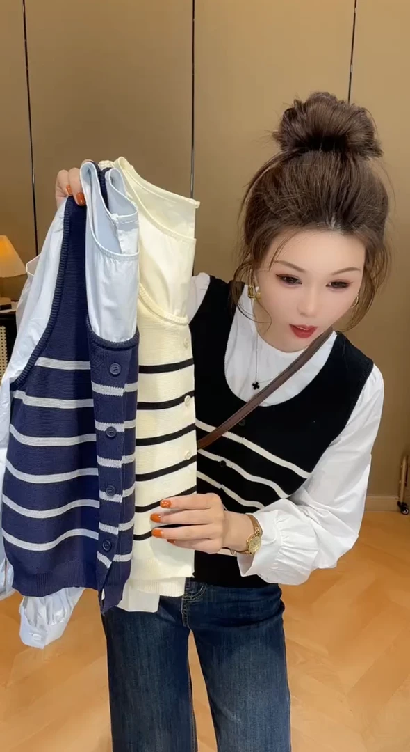 韩版圆领条纹拼接时尚假两件针织衫女百搭休闲上衣潮2025春夏新款