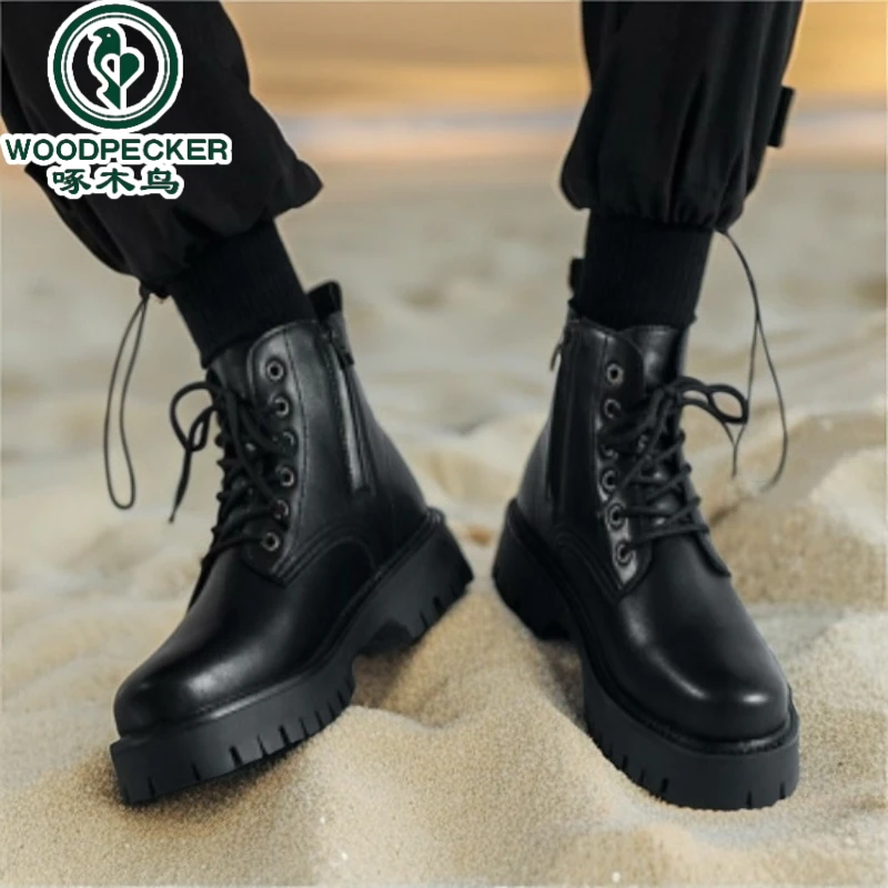【正品】啄木鸟网红马丁靴男款高帮秋季中帮皮鞋男士增高防水皮靴