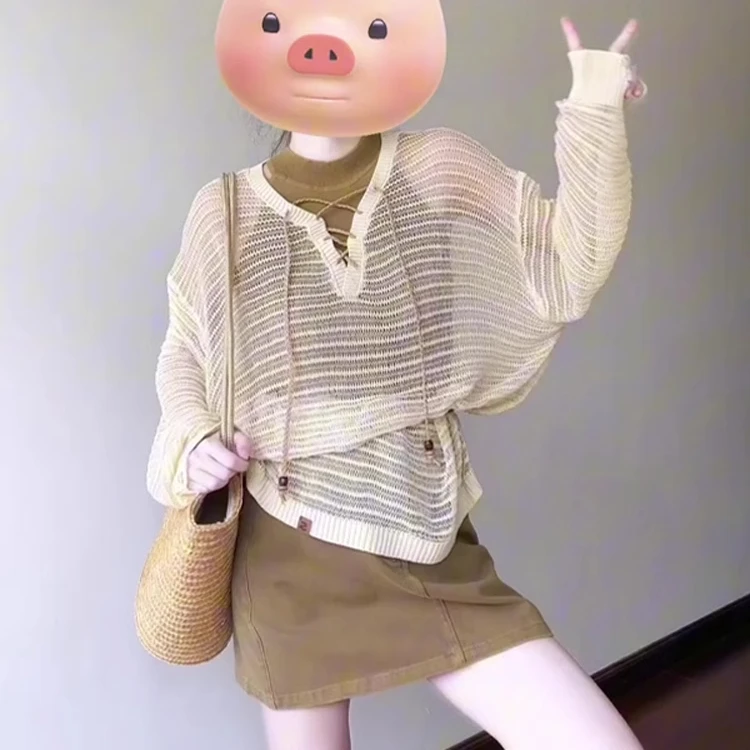 大码胖MM镂空V领长袖针织上衣女夏韩版宽松弛感遮肚显瘦防晒罩衫