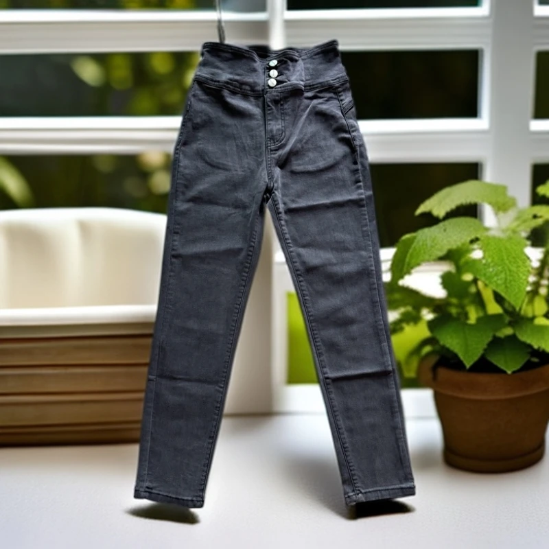 高级灰蜜臀裤，高腰三立扣九分裤女装修身小脚铅笔裤