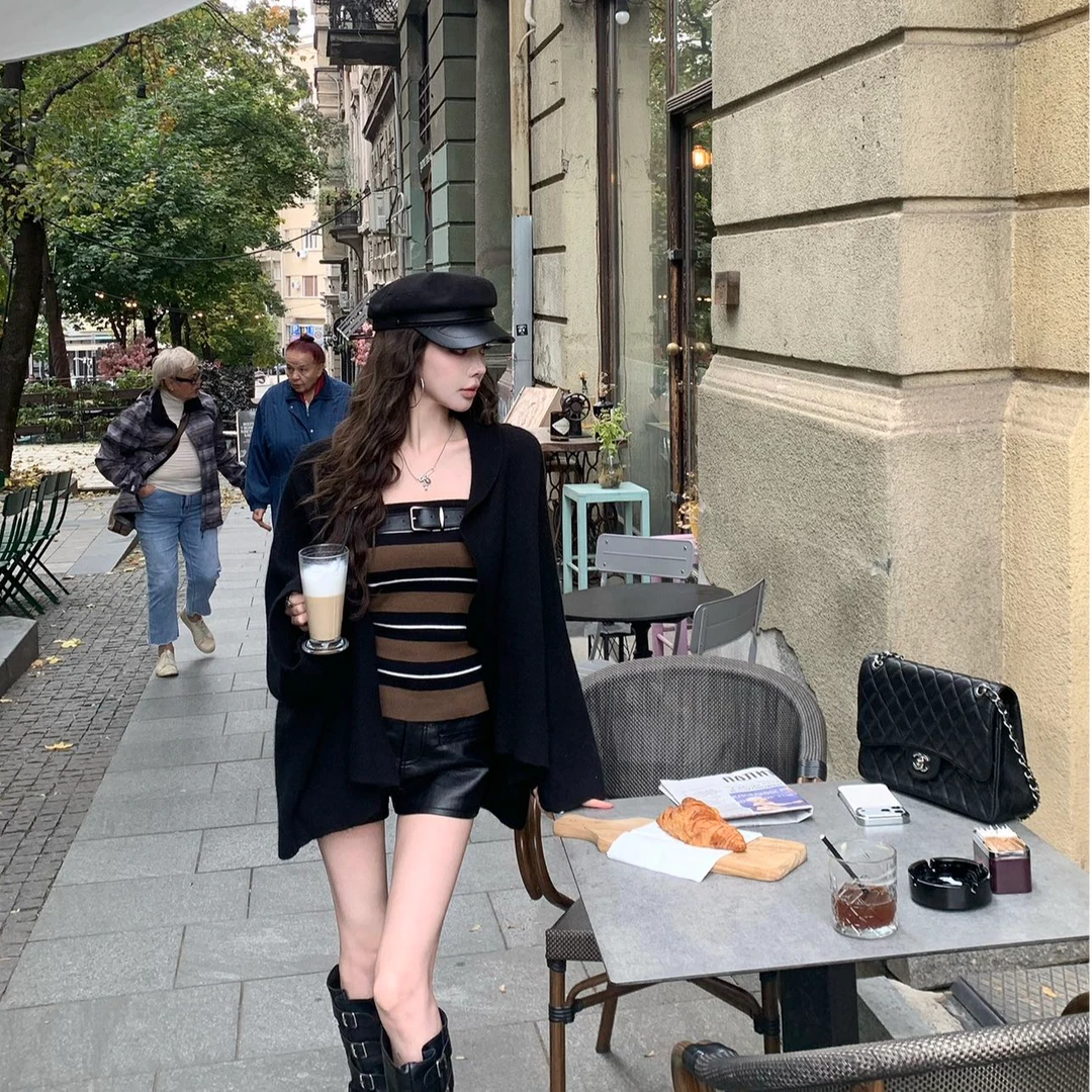 美式辣妹复古撞色条纹设计感显瘦针织抹胸上衣女宽松外套皮短裤潮