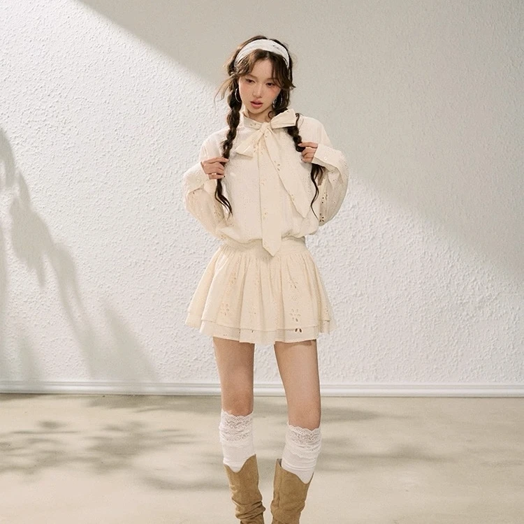 法式镂空花朵飘带领衬衫女外套显瘦蛋糕裙半裙套装