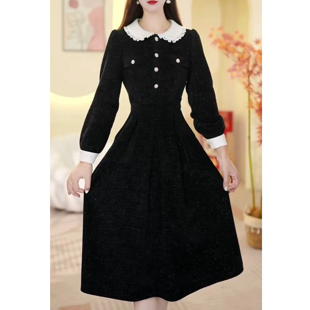 娃娃领连衣裙女2025年秋季新款时尚气质减龄显瘦中长裙Y651021