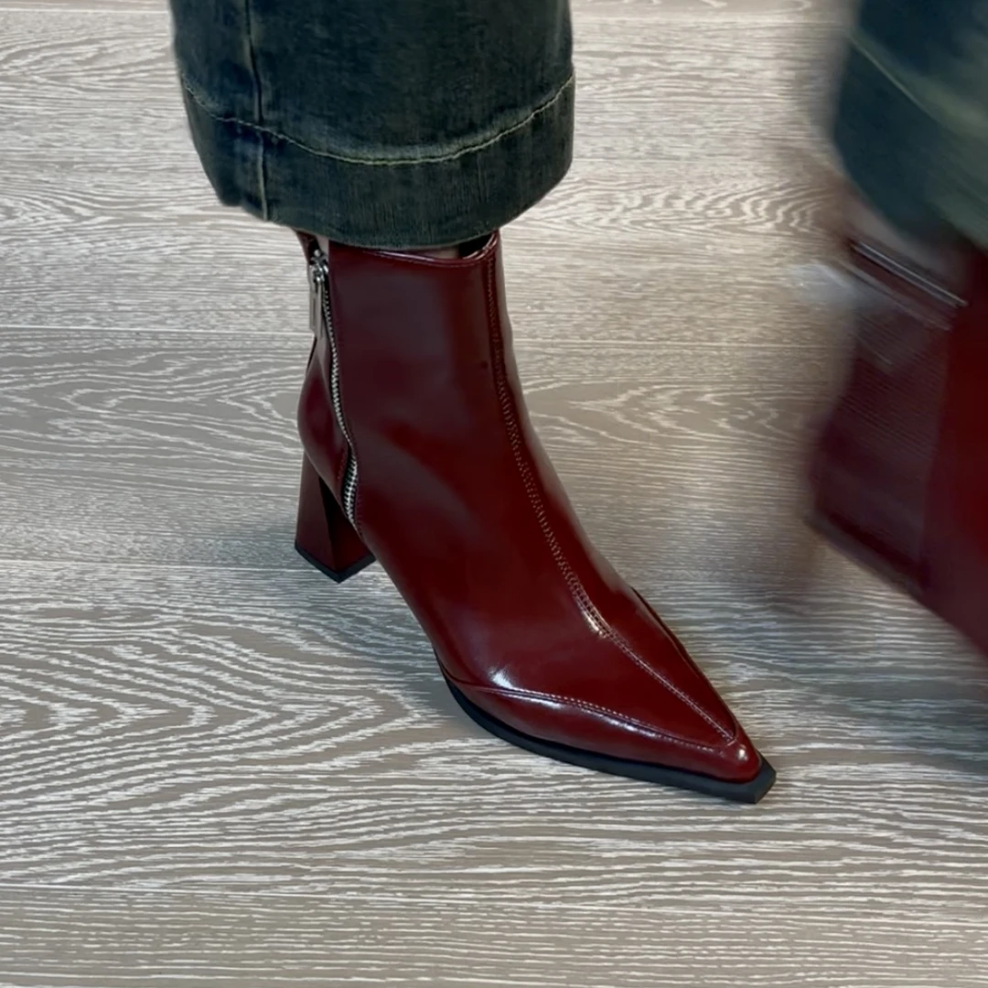 7CM牛剖皮气质尖头女靴时装靴中跟百搭高跟法式方头瘦瘦靴女鞋