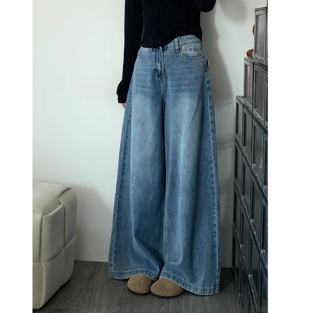 复古蓝阔腿牛仔裤女2025夏季薄款高腰显瘦垂感宽松直筒拖地裤慵懒