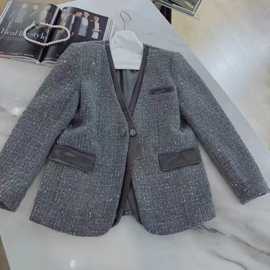 雅尼拉22176粗花呢设计长袖假两件西服外套
