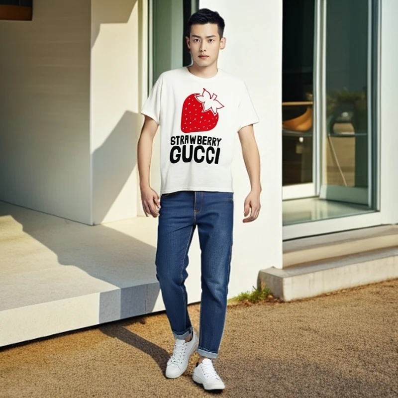 99新 GUCCI/古驰 11175555 印花logo草莓圆领短袖T恤 白色 XS码