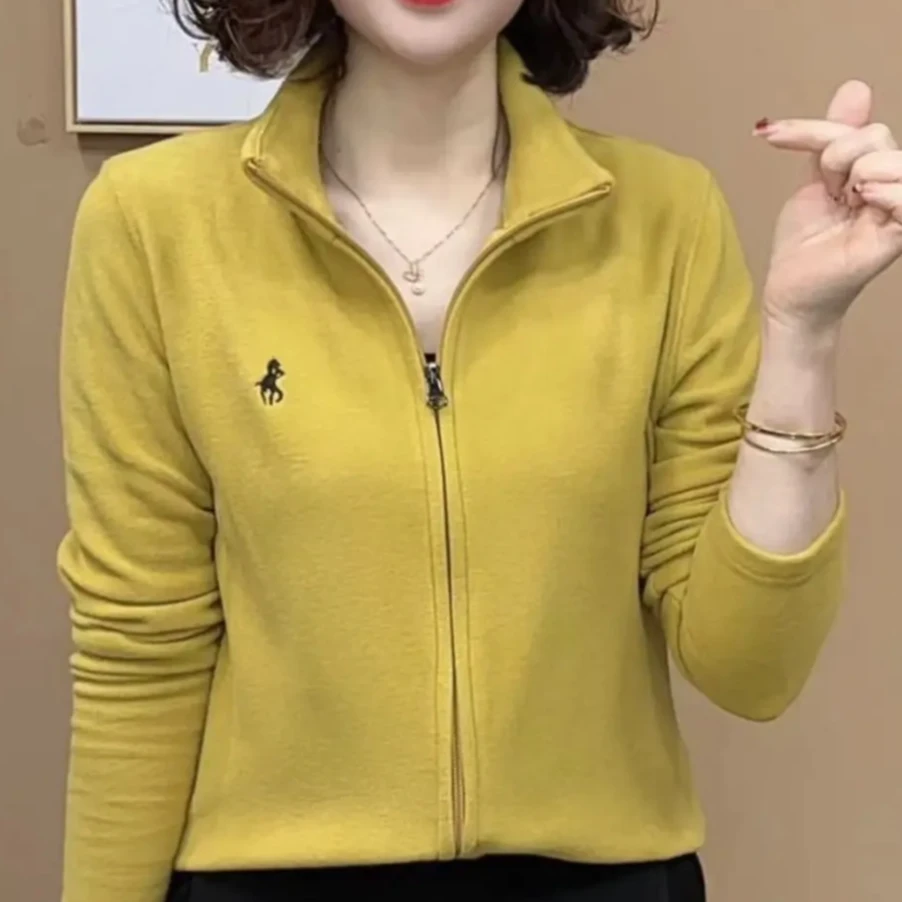 新款纯色开衫显瘦上衣女洋气百搭气质拉链刺绣长袖