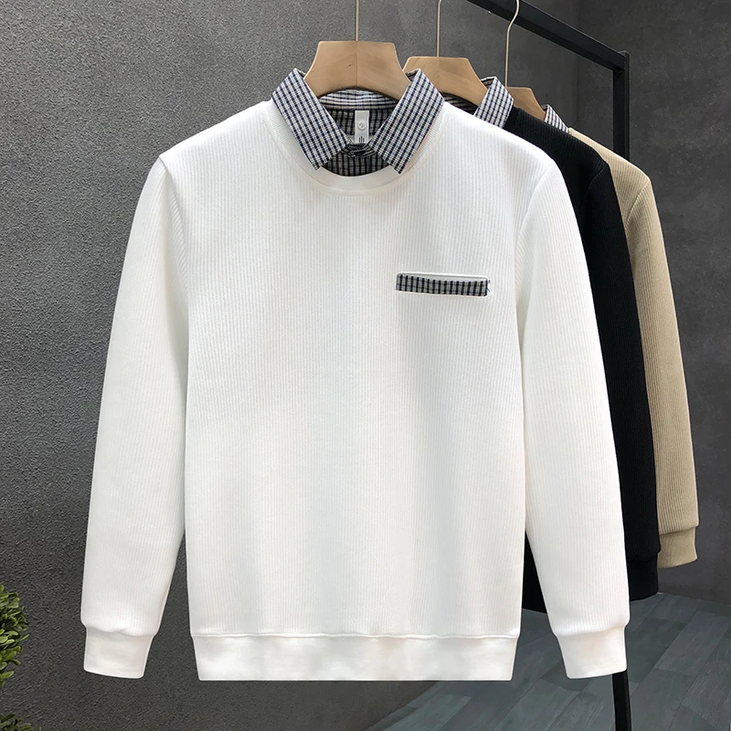 梦泡官方假两件休闲卫衣男时尚翻领上衣2018男款男士加绒开衫卫衣