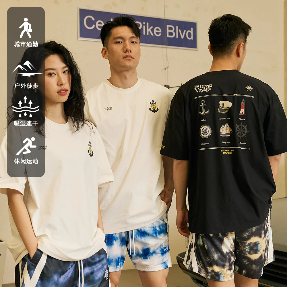 LUSHISI航海徽章棉感速干运动短袖美式复古街头图案训练T恤户外