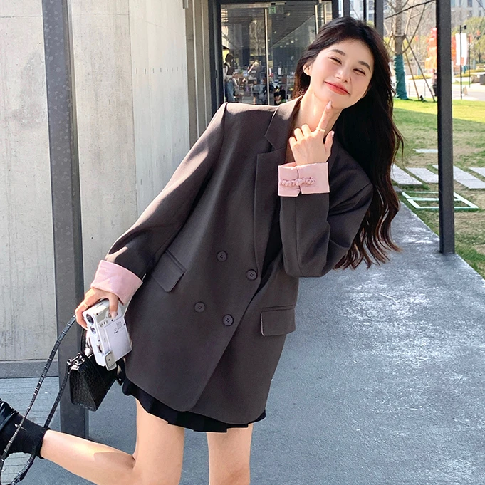 新中式复古盘扣撞色西装女春秋装轻职装休闲宽松别致百搭西服外套