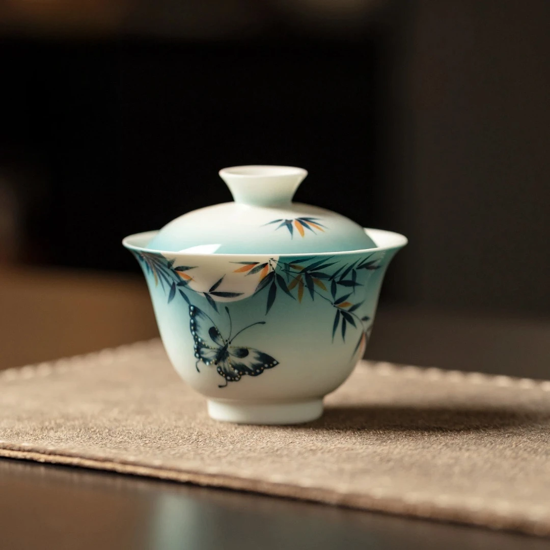 【小璟鹅】竹蝶映月-盖碗 中式复古手绘蝴蝶玉泥二才茶盖碗 120ml