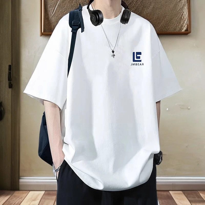 白色纯棉短袖男夏季潮牌高街痞帅美式复古宽松100%纯棉短袖男t恤