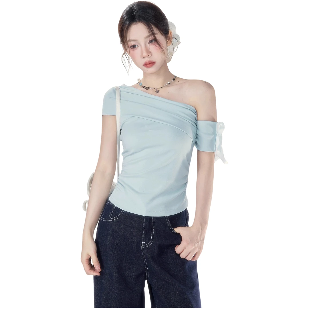 【小野莓】一字肩短袖T恤女装2025新款夏季韩版修身显瘦斜肩上衣