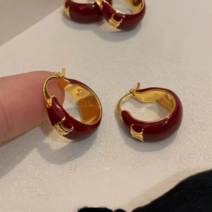 铜合金耳饰 法式秋冬安克拉红色高级感港风复古滴釉耳圈 S82