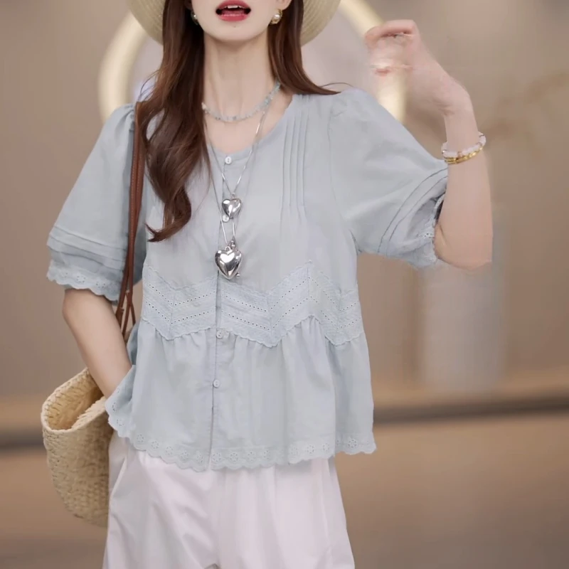 2025夏季经典圆领衬衫法式拼接蕾丝显瘦衬衫LK2503887