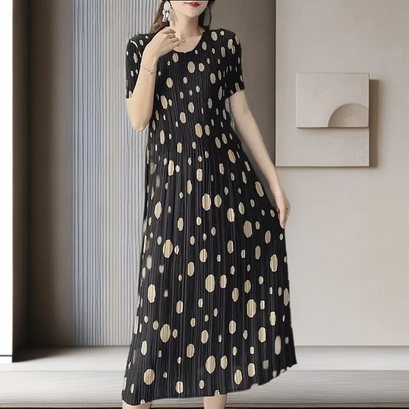 51云锦丝质褶皱连衣裙宽松女装气质夏季圆领妈妈装显瘦大码魔术裙