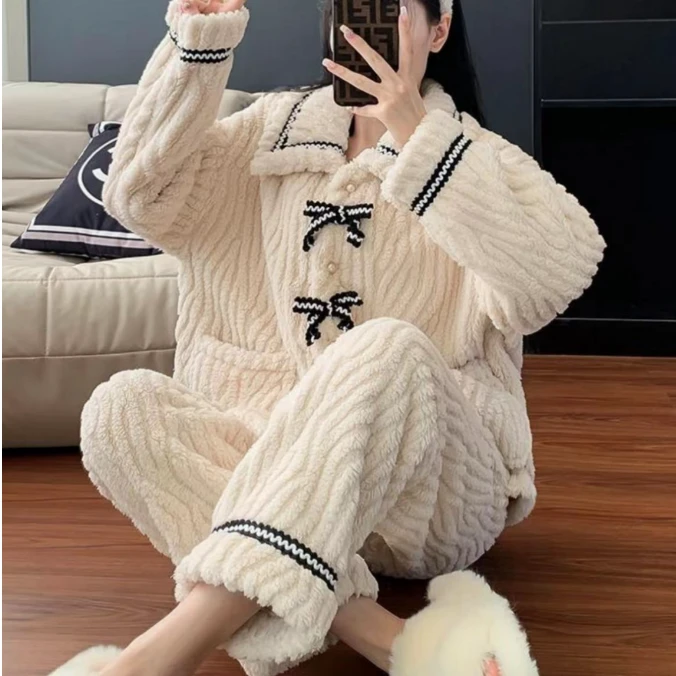 蝴蝶结睡衣套装秋冬甜美两件套可外穿家居服
