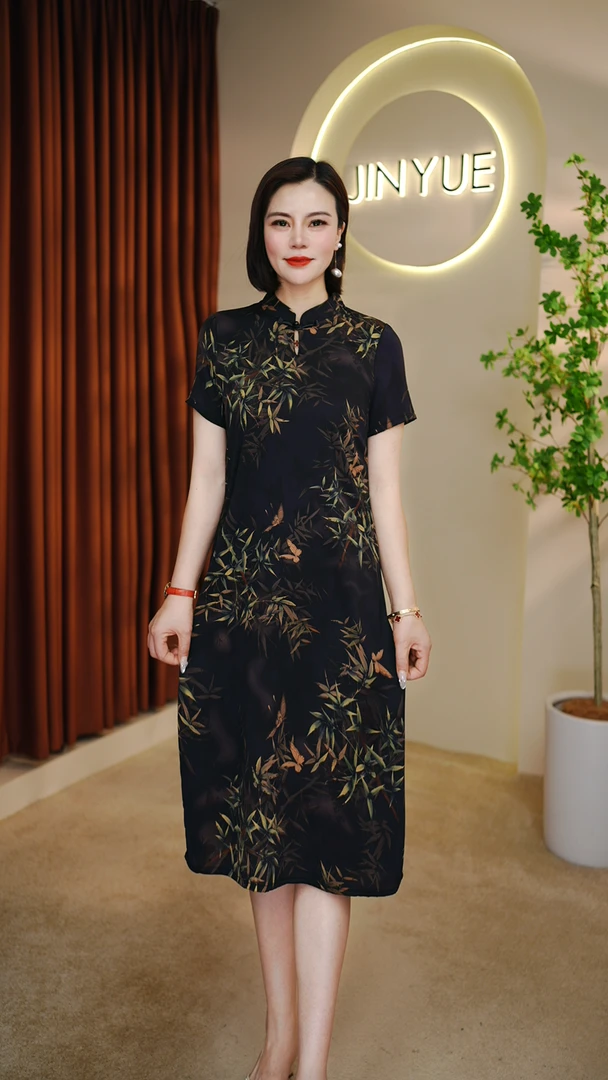 【千姿燕】6067新款夏季圆领竹报平安连衣裙时尚收腰休闲气质连衣裙