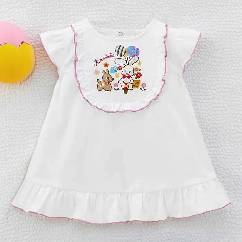 儿童夏季新款cs卡通小兔花朵气球兔刺绣女童宝宝短袖T恤裙童装