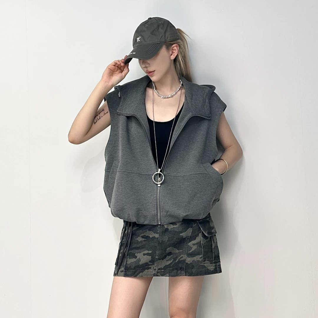 513#欧洲站2025秋季新款时尚百搭连帽拉链马甲女宽松显瘦上衣女