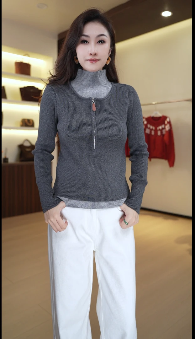 7416秋冬时尚拼色假两件半拉链长袖显瘦休闲针织衫