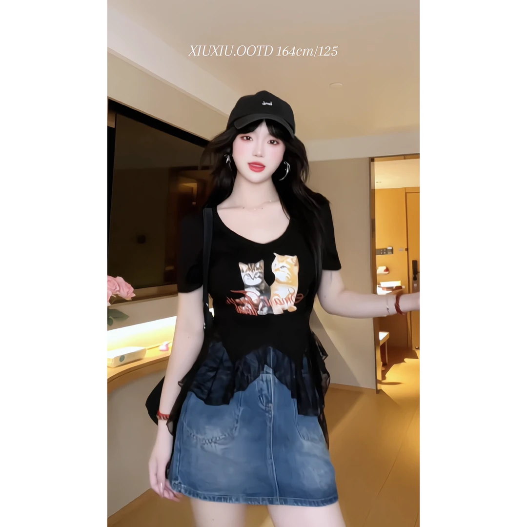 【招财猫】9013微胖mm休闲百搭显瘦小猫印花短袖T恤显瘦短款上衣