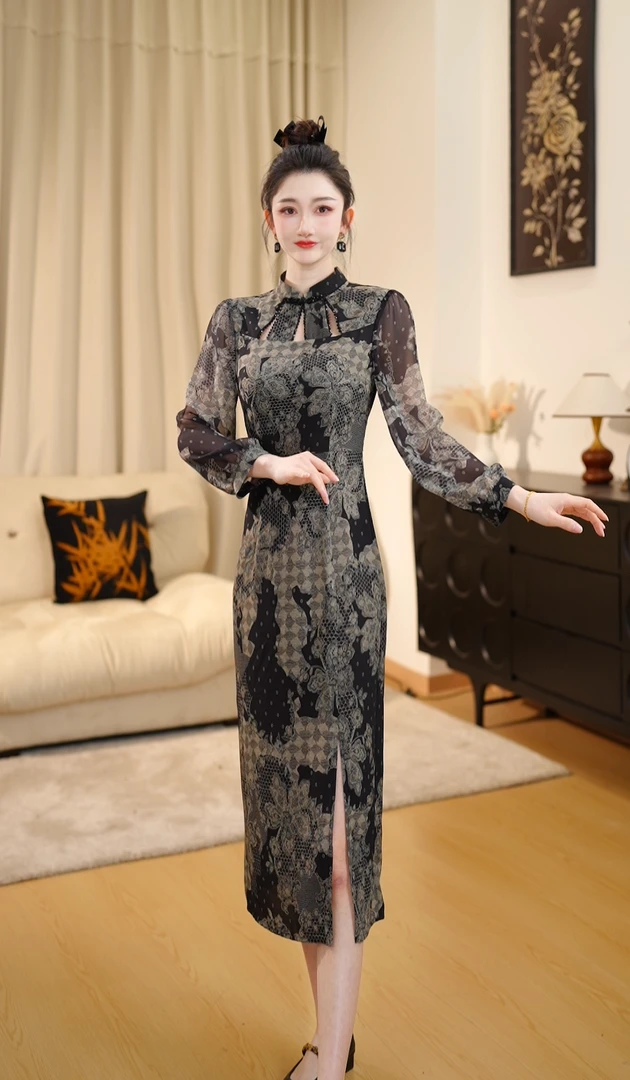 【LZ】2025新款长袖复古中国风轻奢气质连衣裙DLS0094