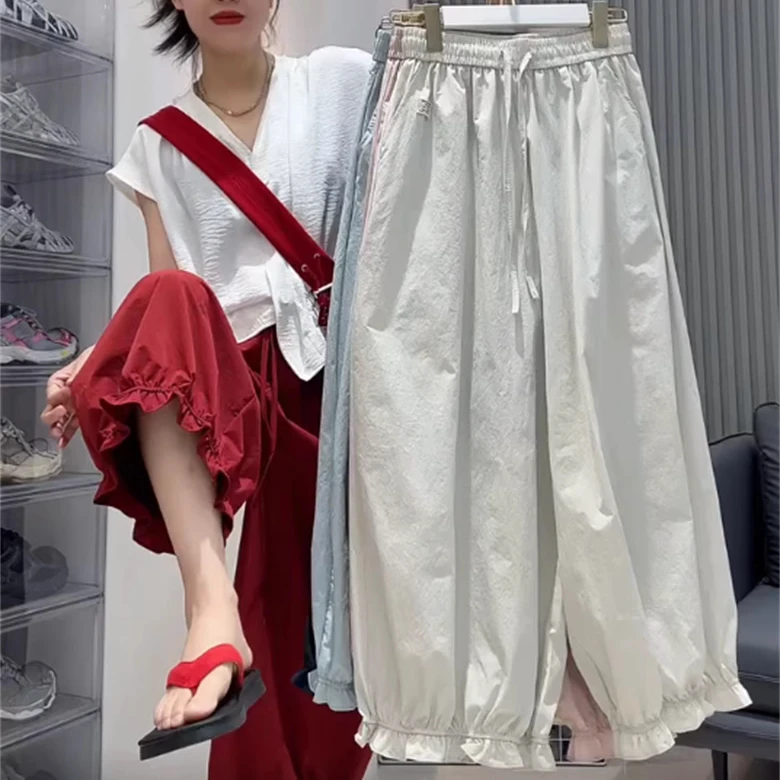韩版舒适木耳花边松紧腰休闲裤女2025夏季新款简约百搭宽松灯笼裤