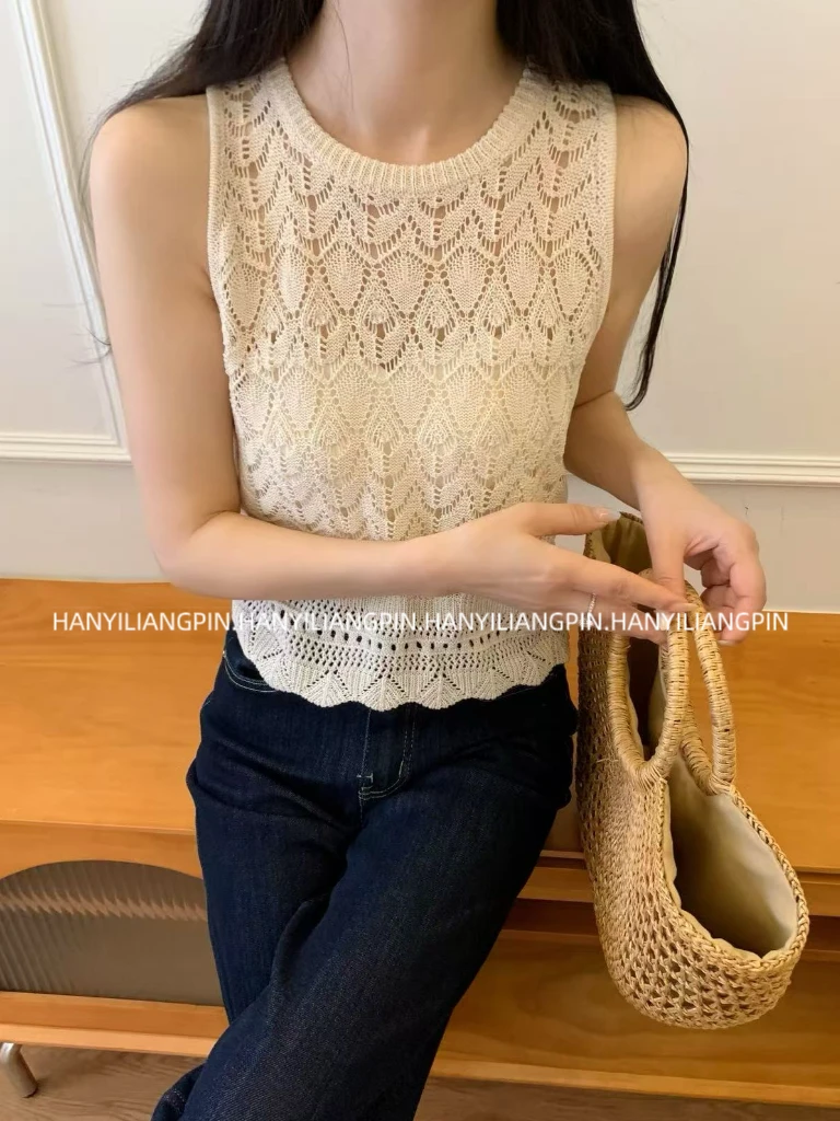 【梨花白】法式镂空无袖针织背心
