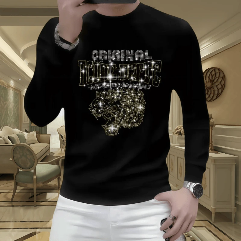 新款烫钻时尚圆领男士卫衣休闲长袖百搭潮流修身烫钻秋冬套头上衣