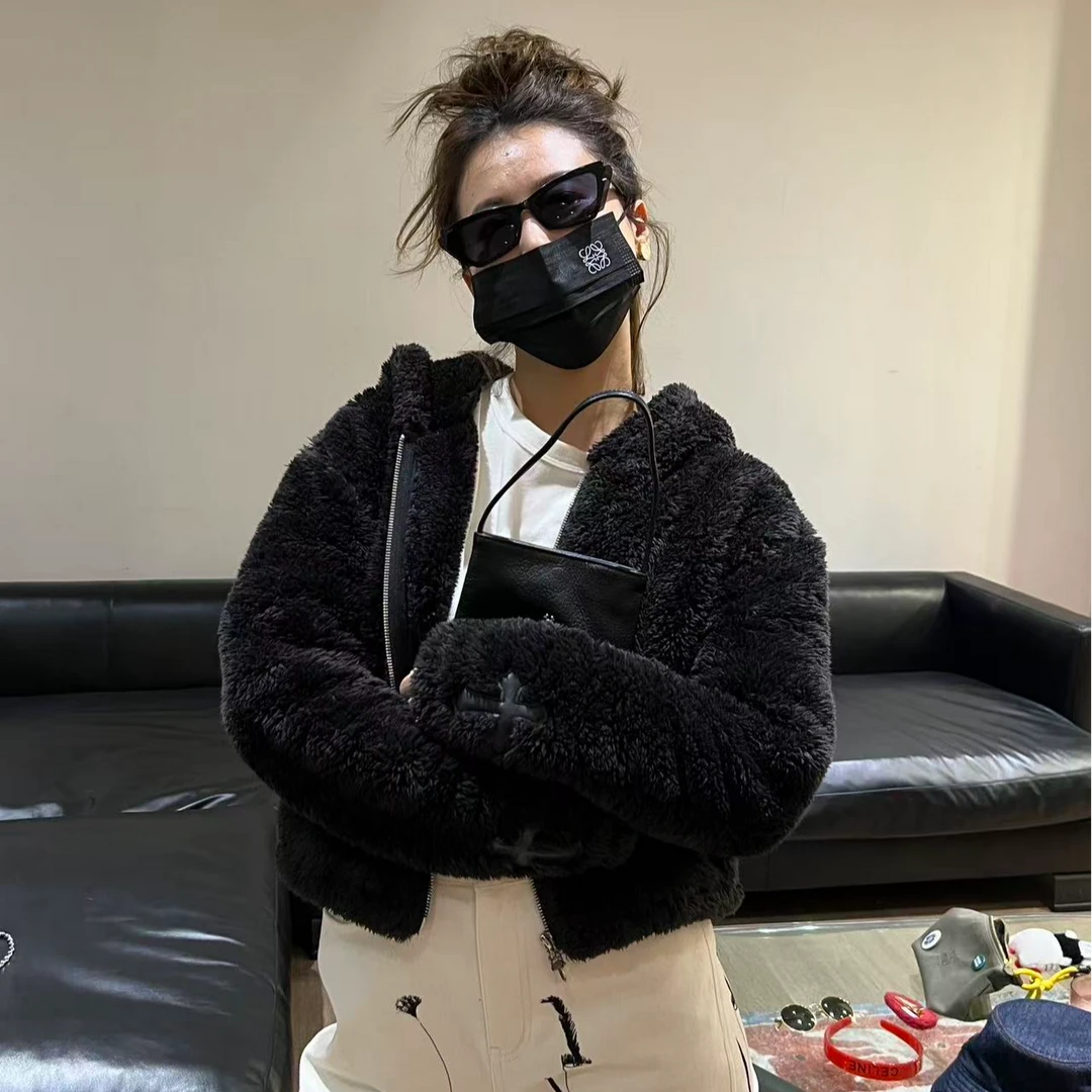 YOON深圳原创【晨雾庄园】高级感黑色毛毛拉链外套