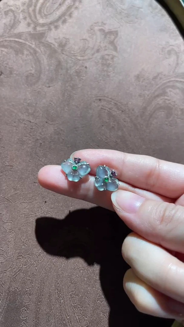 银S925镶嵌翡翠耳钉红翡绿翠