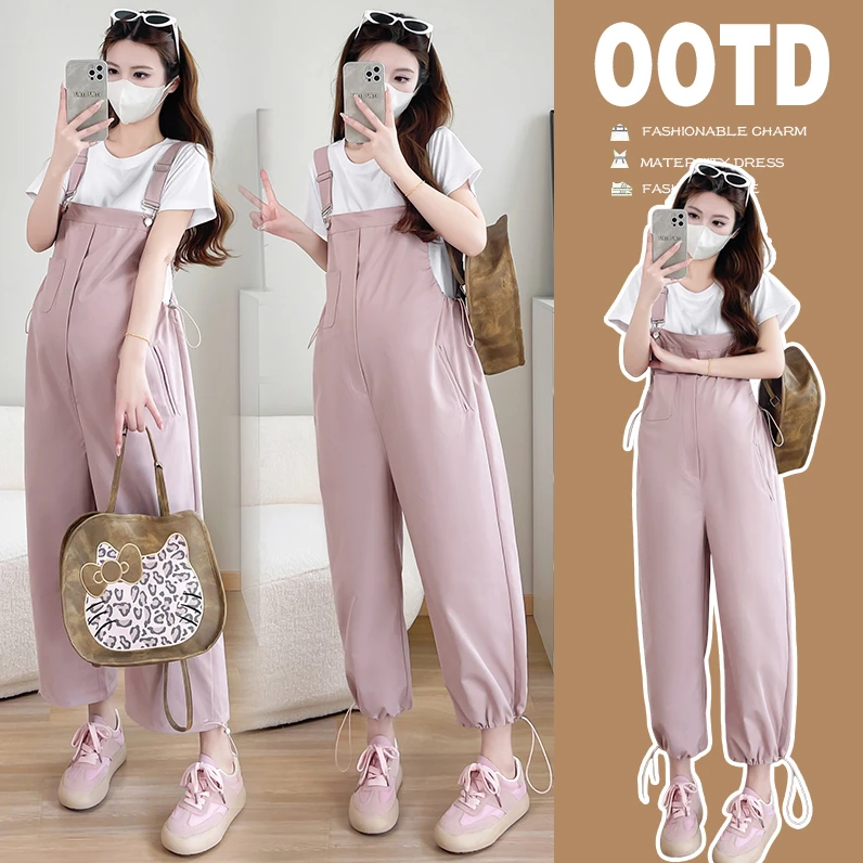 时髦孕妇装新款背带裤夏2025新款洋气减龄时尚小清新宽松显瘦套装