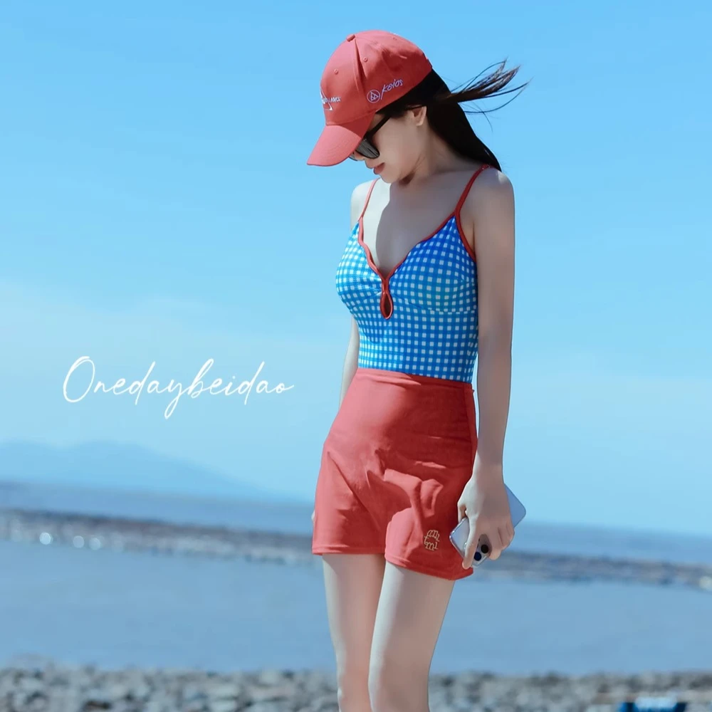 复古蓝色格子连体泳衣显瘦绑带设计度假必备女孩ins