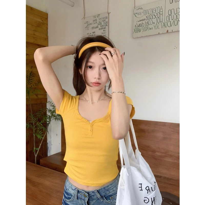 MUMU/纯欲正肩桃心领紧身短袖T恤女夏季V领辣妹修身上衣
