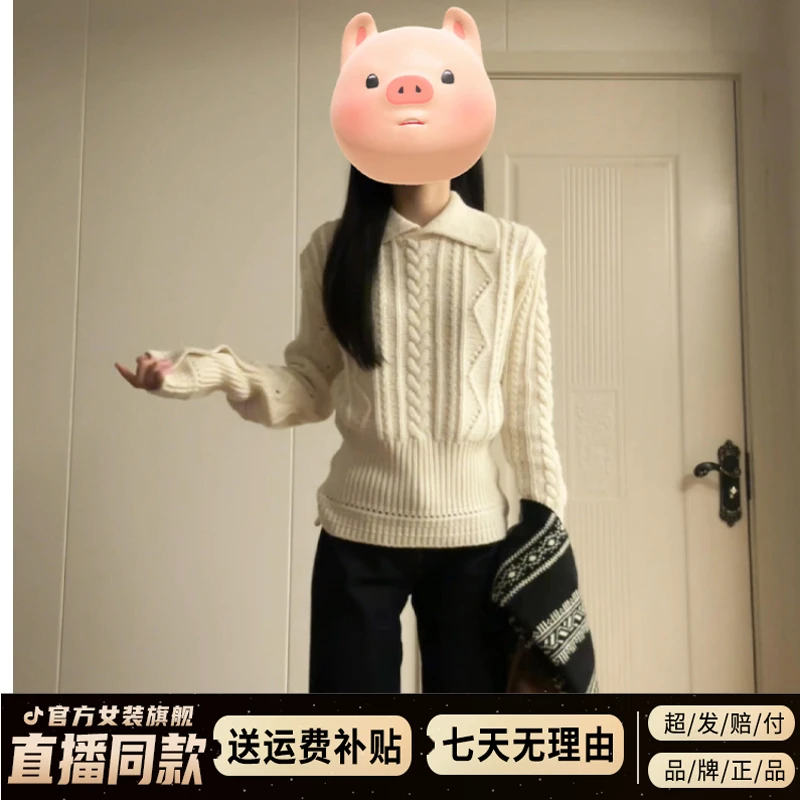 2025早秋新款白色翻领绞花毛衣女设计感内搭打底衫加厚针织衫上衣