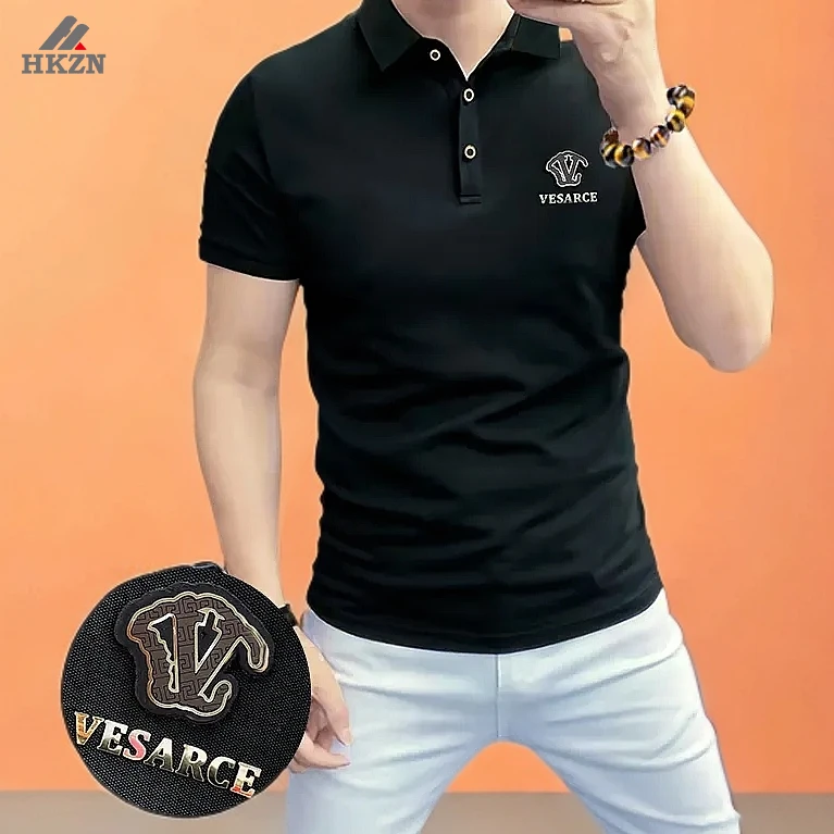 HKZN新款男翻领T恤潮牌翻领短袖上衣修身透气商务polo衫2025夏季