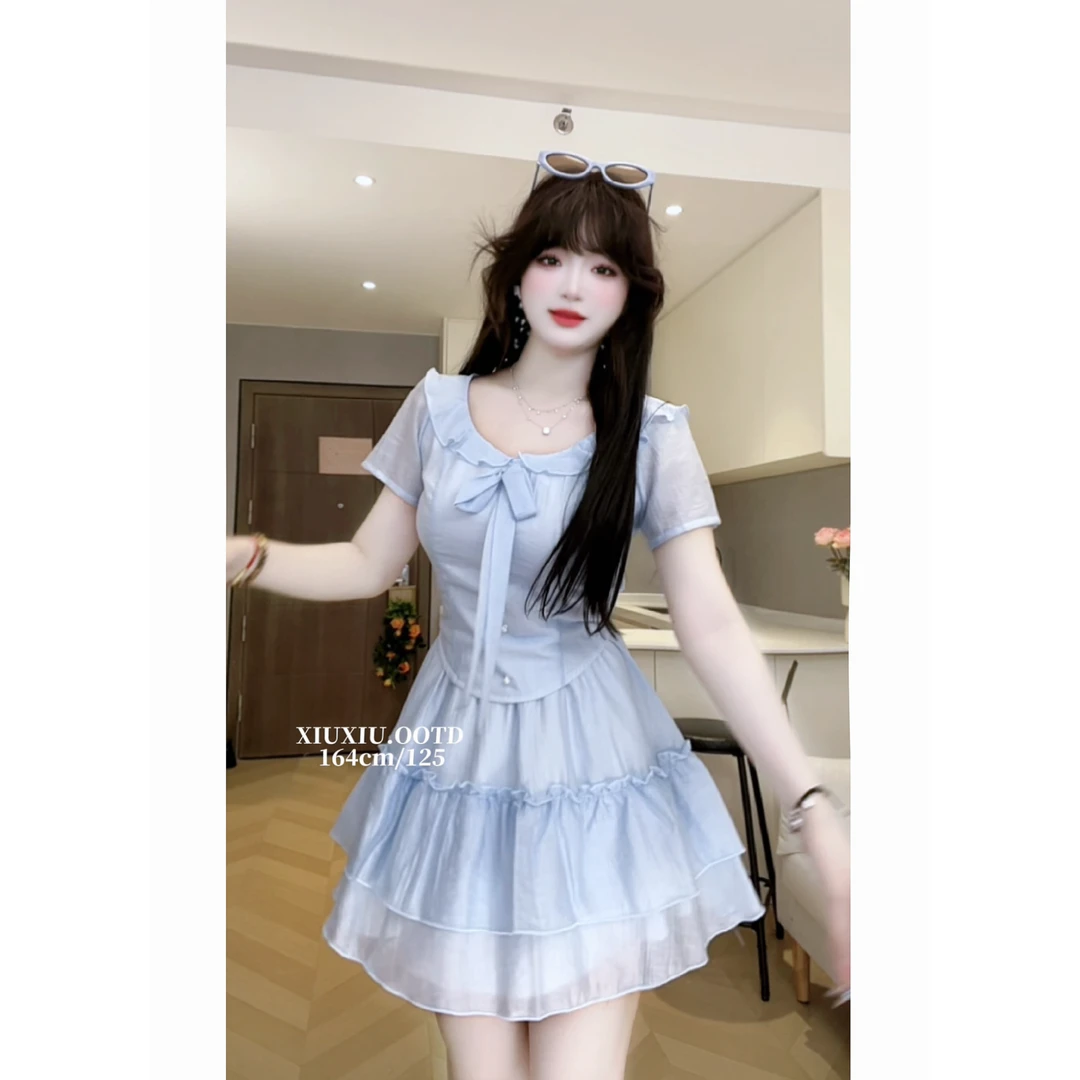 【温莎韵夏】 9752微胖法式夏季荷叶边U领短袖蝴蝶结t恤半身裙套装