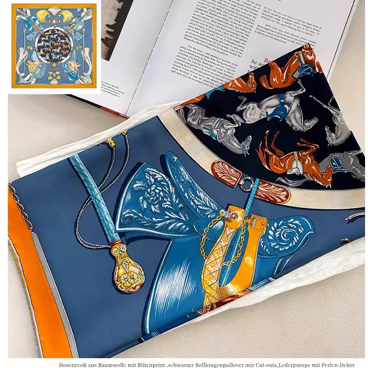 「骏马列队」90cm18姆米丝巾秋冬100%真丝方巾