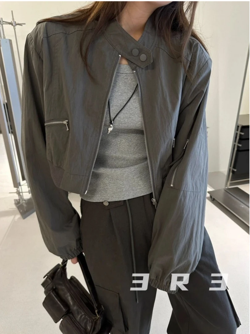 2025年新款春季时尚韩版机车风休闲小众短款拼接拉链小立领外套