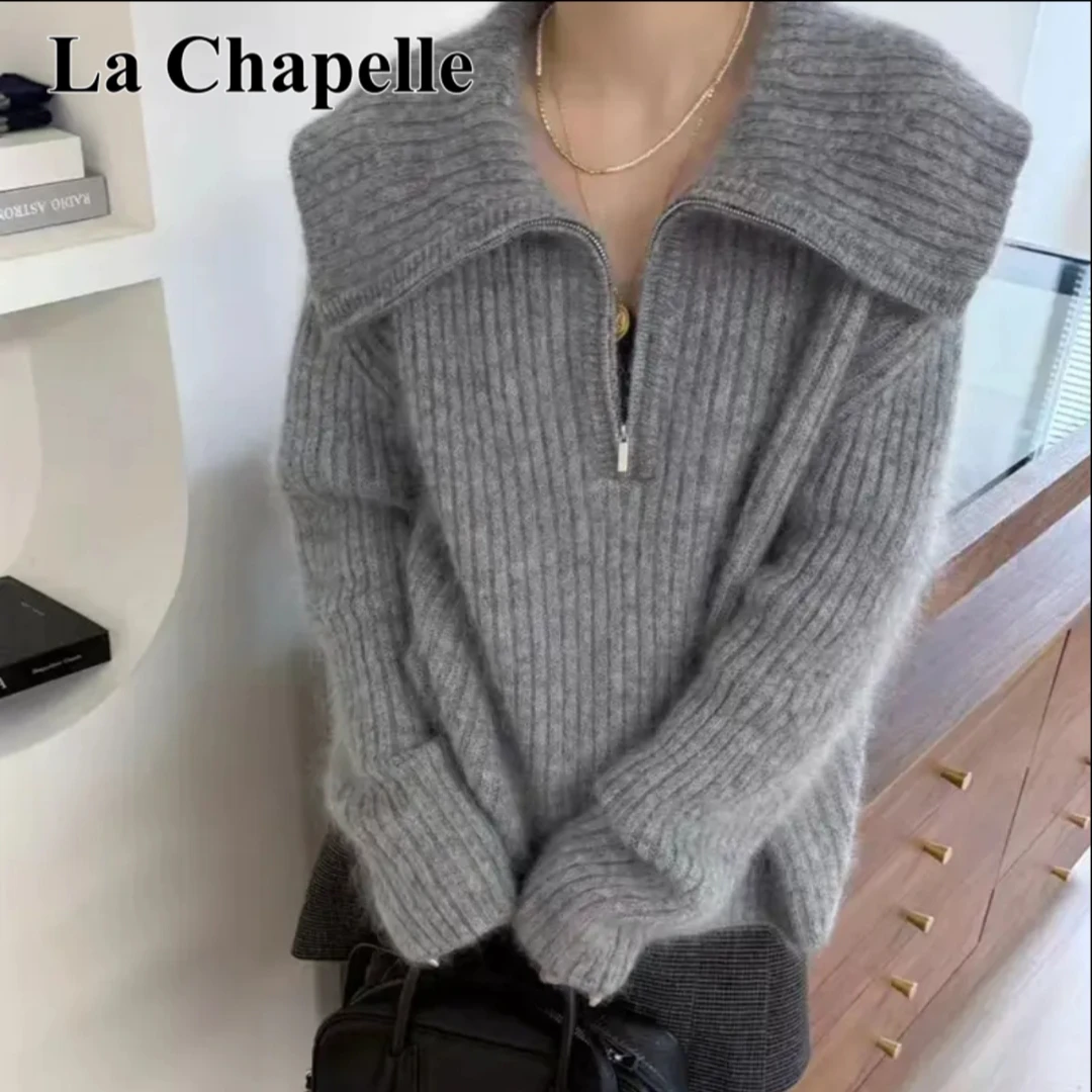 拉夏贝尔秋冬新款时尚百搭宽松慵懒风毛衣女韩系翻领针织打底上衣