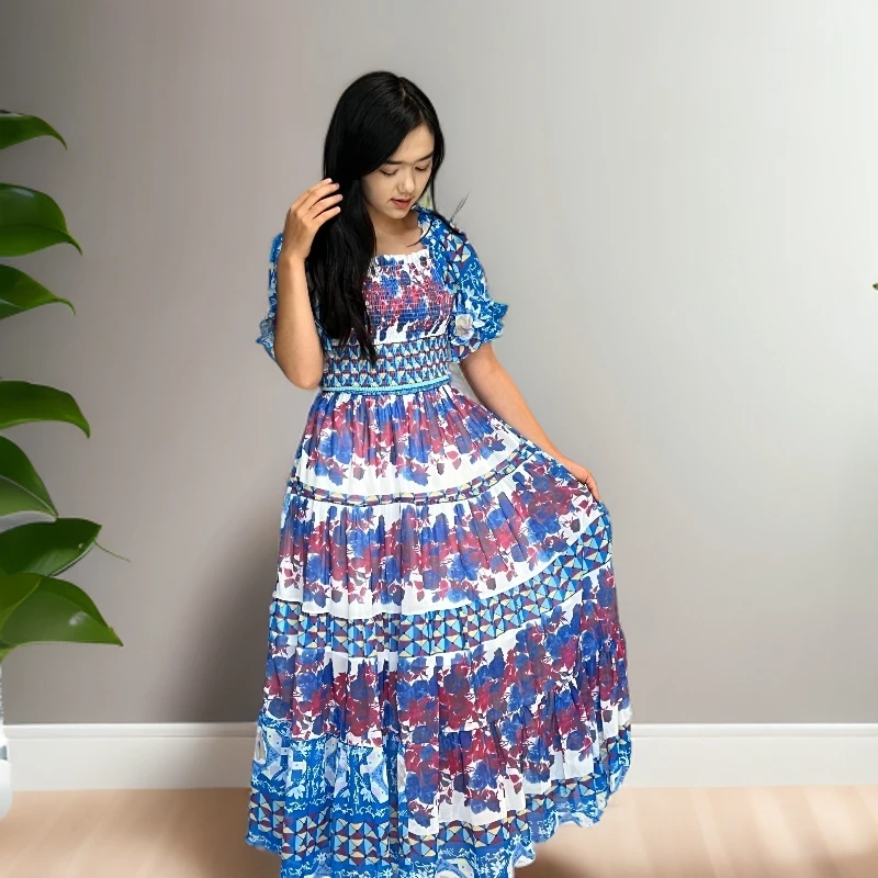 连衣裙长裙夏季蓝色碎花女装印花裙沙滩裙洋装纯色