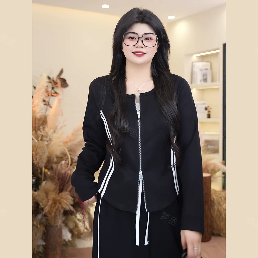 梦丞【都市酷感】大码女装春季条纹时尚宽松显瘦百搭气质休闲套装